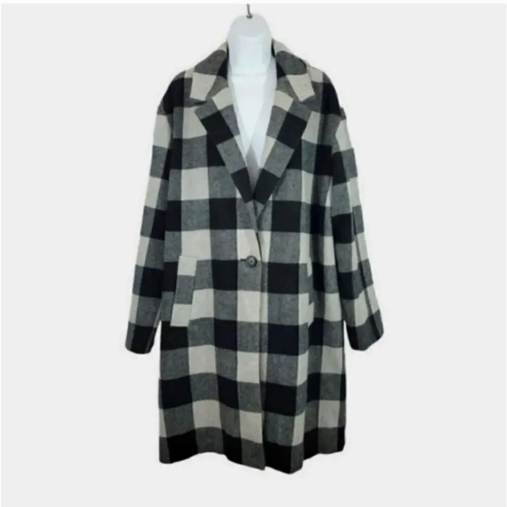 American Eagle Buffalo Plaid Trench Car Coat in Black/Gray Check Size Large